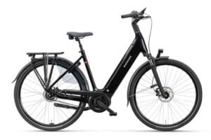 Zwarte elektrische stadsfiets met lage instap