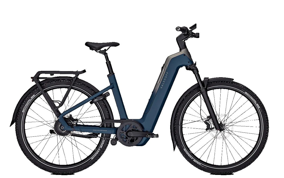 Donkerblauwe elektrische fiets met lage instap