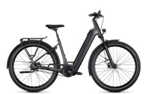 Zwarte elektrische stadsfiets met lage instap