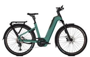 Groene elektrische fiets met lage instap en bagagedrager