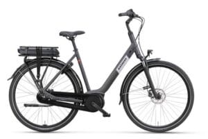 Zwarte elektrische stadsfiets met lage instap
