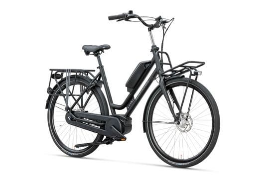 Zwarte elektrische stadsfiets met bagagedragers