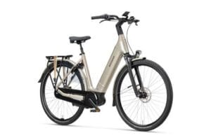 Beige elektrische stadsfiets met lage instap
