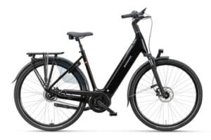 Zwarte elektrische stadsfiets met lage instap
