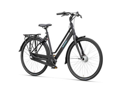 Zwarte elektrische stadsfiets met lage instap