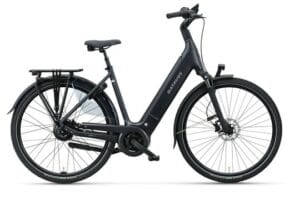 Zwarte elektrische stadsfiets met lage instap
