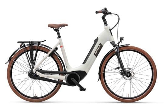 Lichtgrijze elektrische stadsfiets met lage instap
