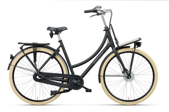 Zwarte stadsfiets met lage instap en crèmekleurige banden