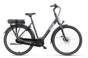 Zwarte elektrische stadsfiets met lage instap
