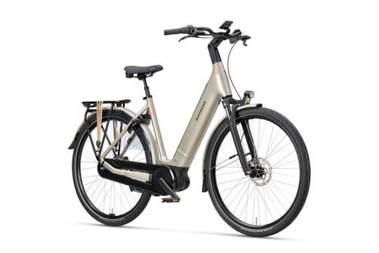 Beige elektrische stadsfiets met lage instap